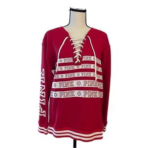 PINK Victoria's Secret Sweatshirt | Red Lace-Up Hockey Pullover Varsity